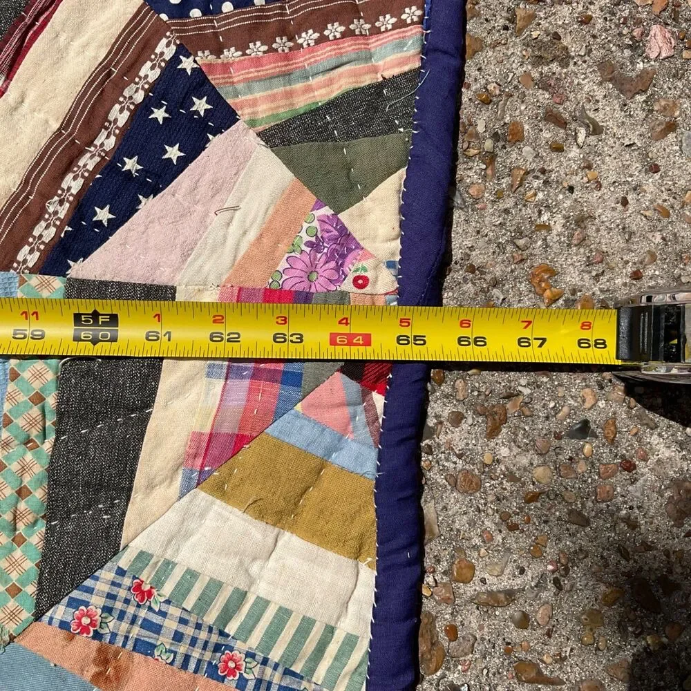 Vintage QUILT  Spider Web Octagon Blocks Boho Prints van life Hand Stitch 82x 65